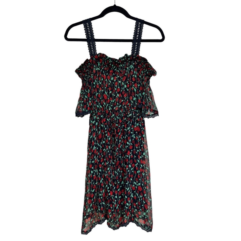 The Kooples Off Shoulder Black Rose Print Dress Elastic Waist Women’s Size 2